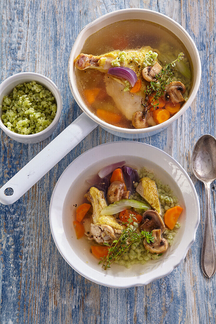 Chicken soup with vegetables and mushrooms