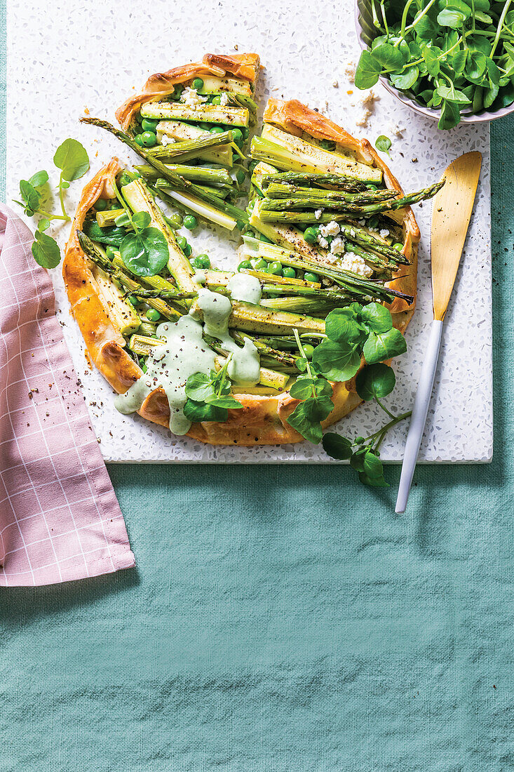Spring greens galette with whipped feta