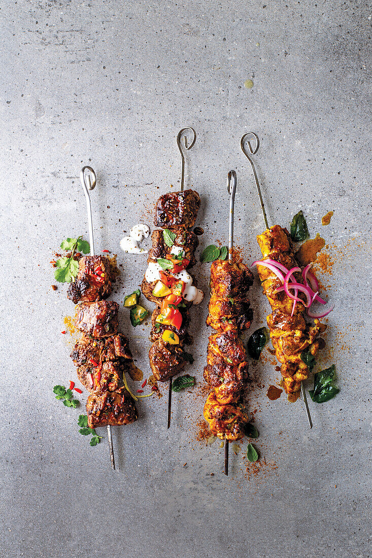 Meat skewers with lemon-chilli-rub, Moroccan rub, Cajun spice rub, Malay curry rub