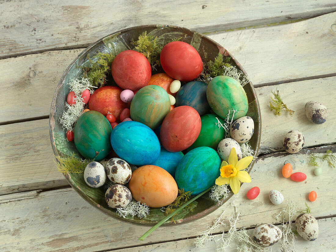 Coloured Easter eggs, quail eggs and chocolate eggs