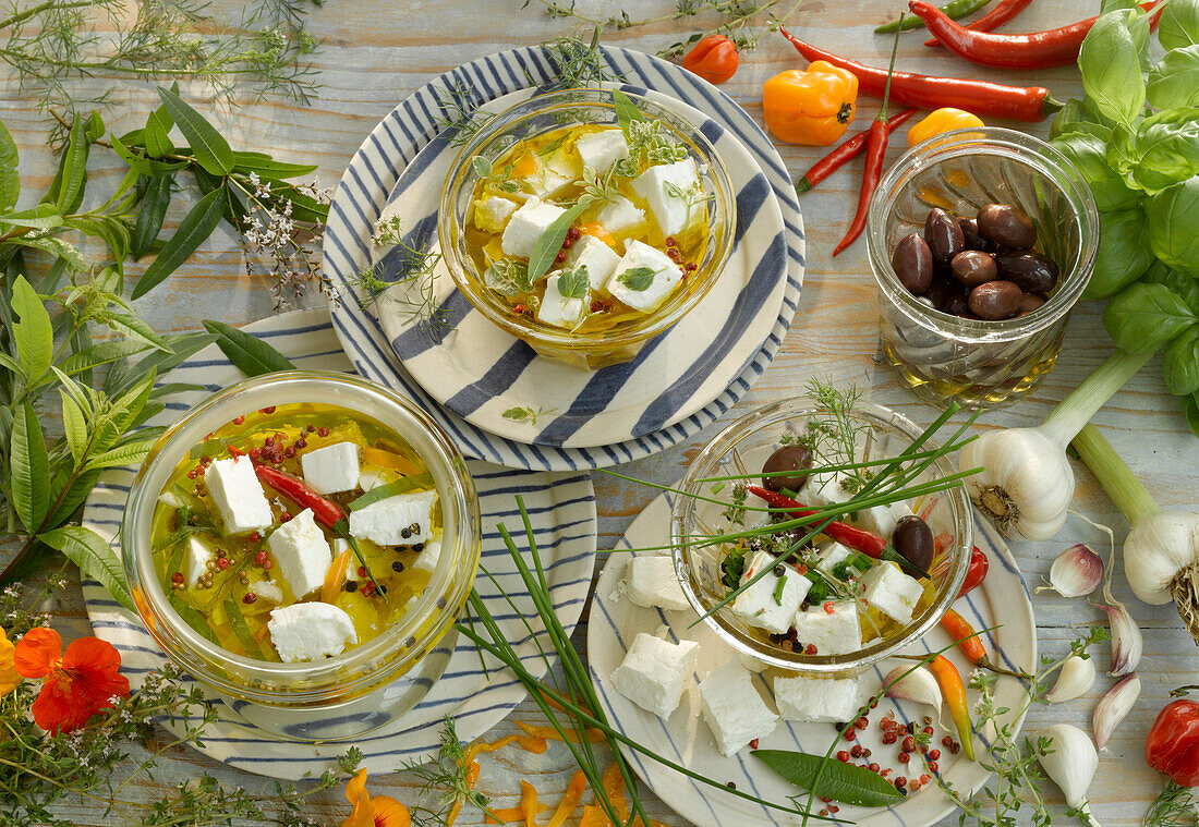 Pickled feta cheese with herbs and spices