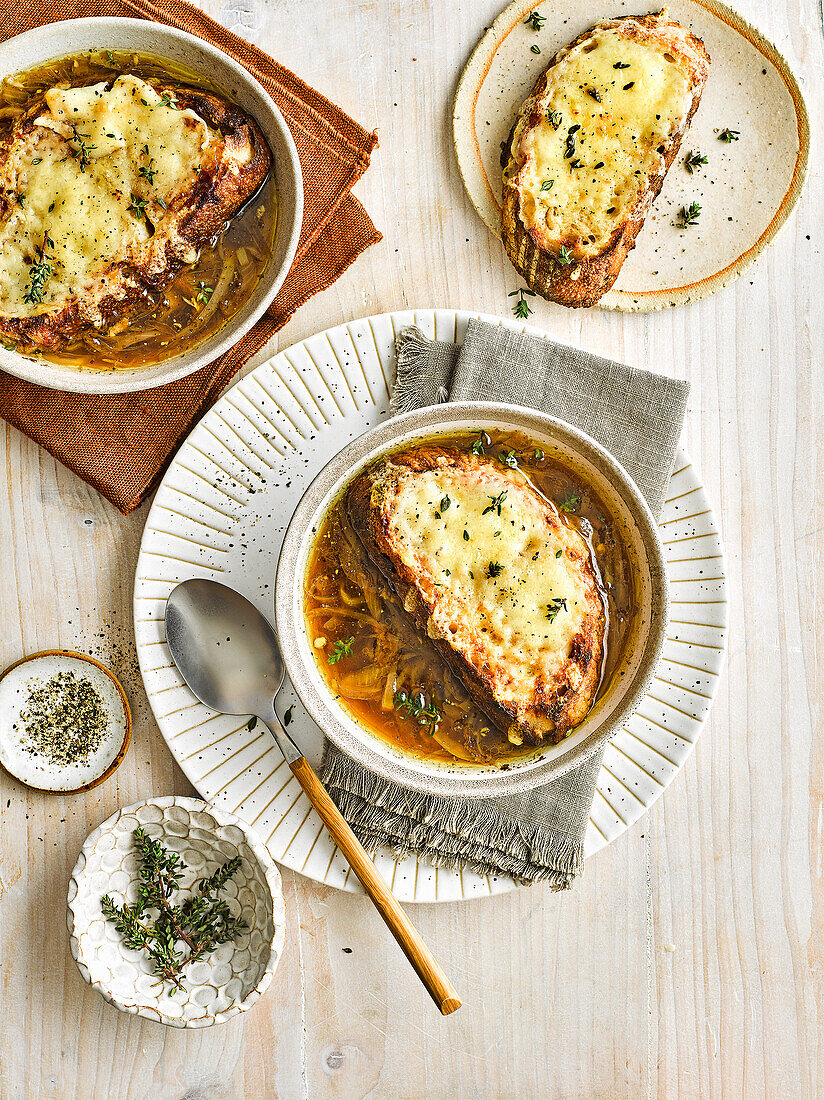 Veggie French onion soup with cheesy marmite toppers