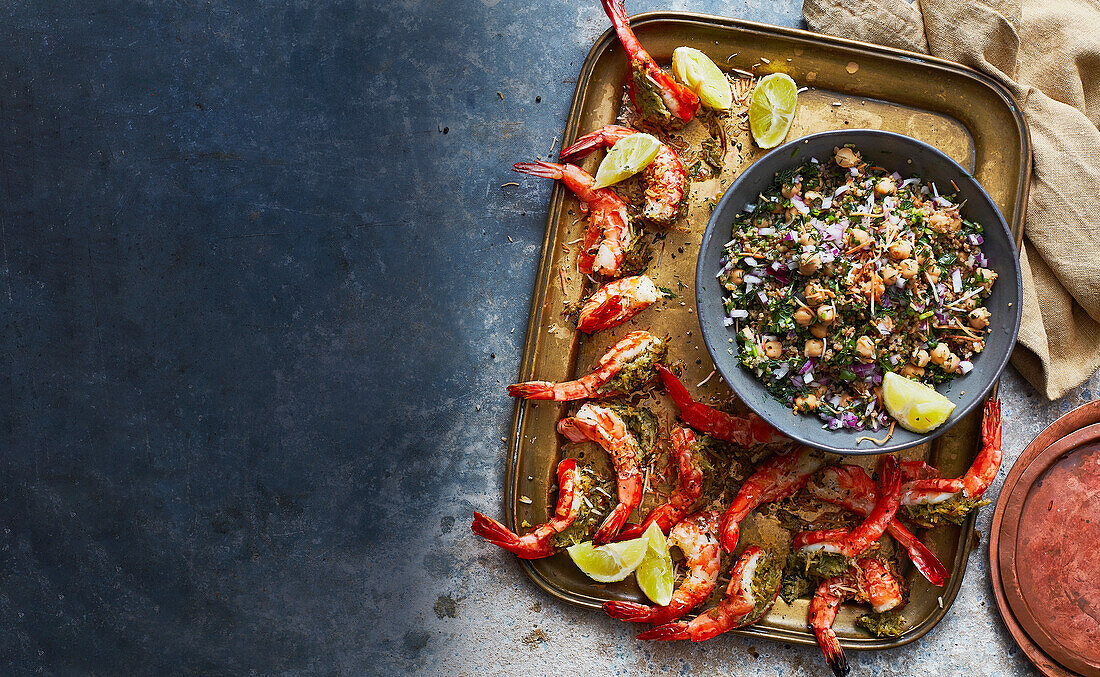 Coconut, green chilli and za'atar tiger prawns with herby quinoa