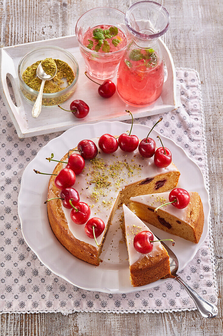 Yoghurt cake with cherries and icing