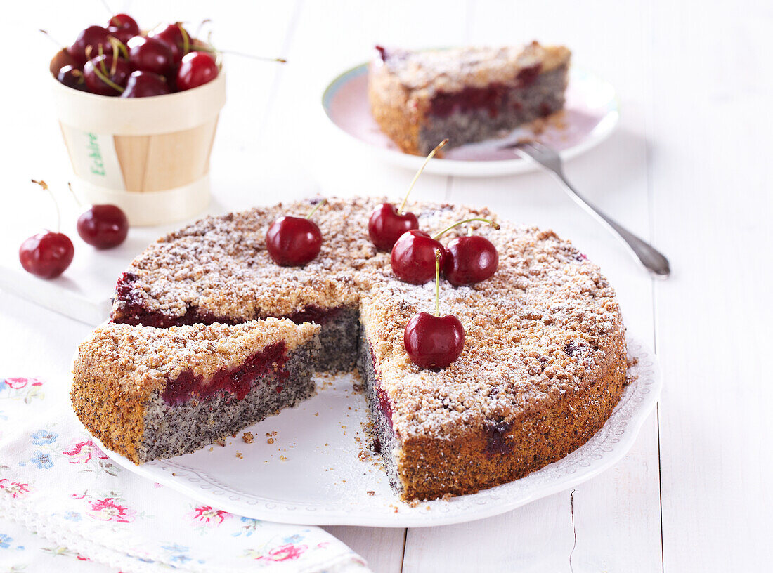 Poppy seed cake with cherries