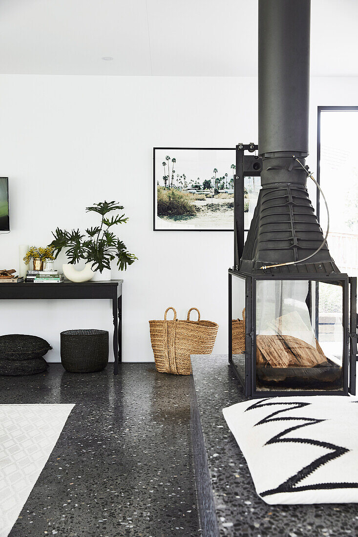 Glass fireplace in living room with terrazzo floor