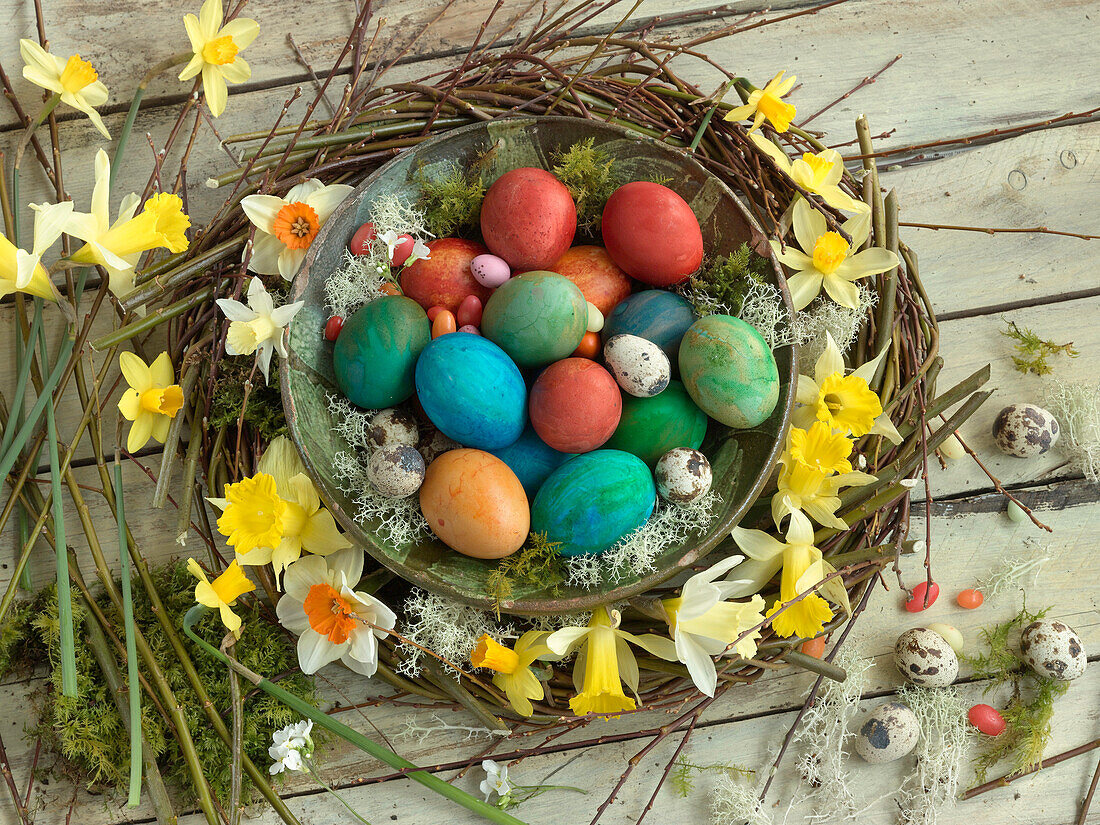 Colourful Easter eggs, sugar eggs and quail eggs in a willow wreath with daffodils