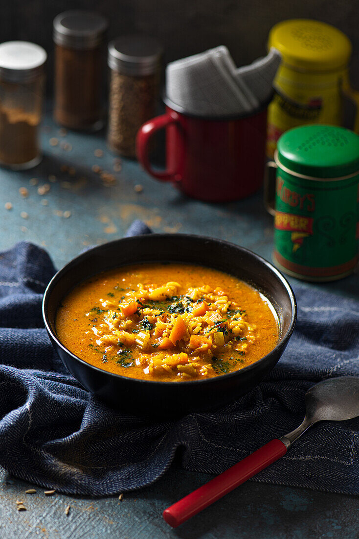 Mulligatawny soup, curried soup with vegetables and rice