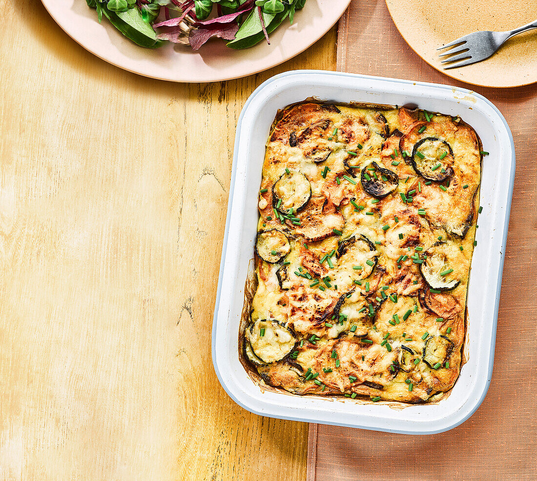 Oven-roasted sweet potato and courgette tortilla