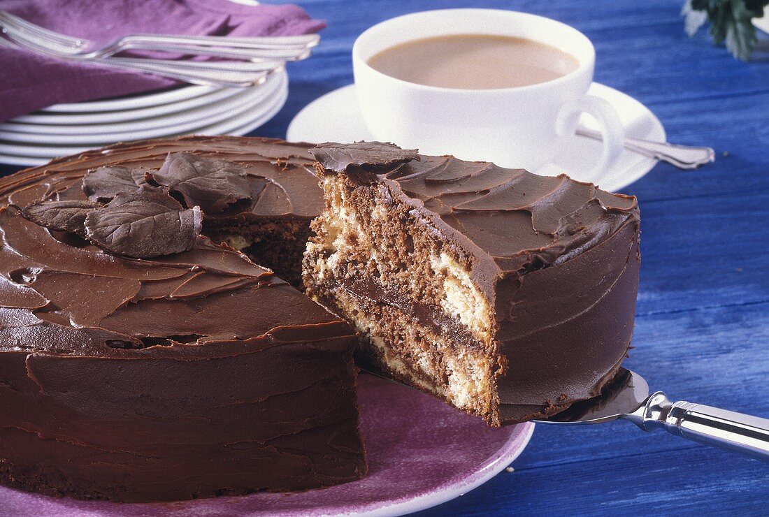 Chocolate gateau, pieces cut, one piece on cake slice