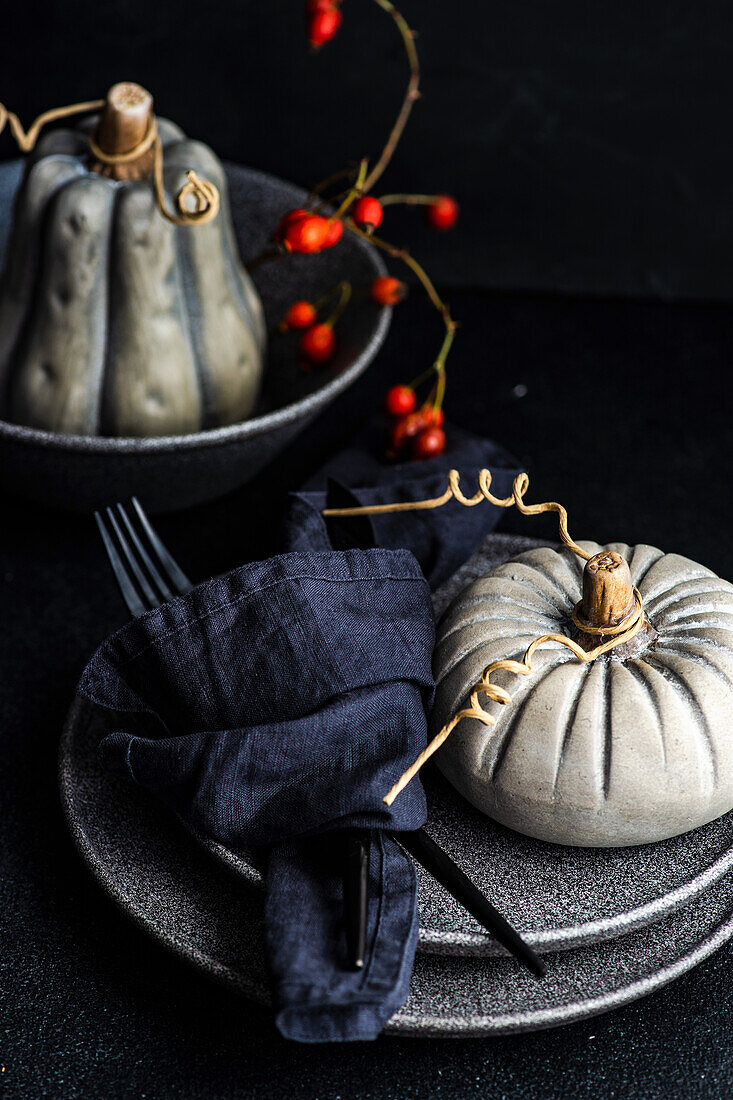 Festive place setting for Thanksgiving celebration in monochrome style