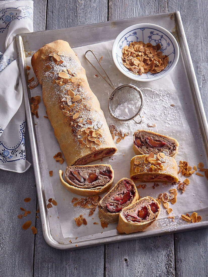 Strudel with nuts and plums