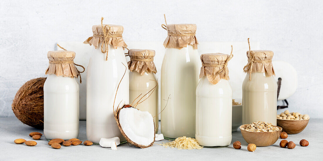 Vegan non dairy plant based milk in bottles and ingredients on light background (almond, hazelnut, rice, oat, soy)
