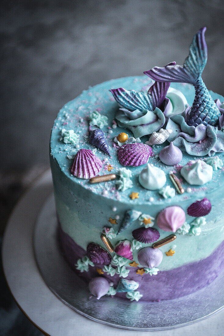 Mermaid and seaside decorated cake
