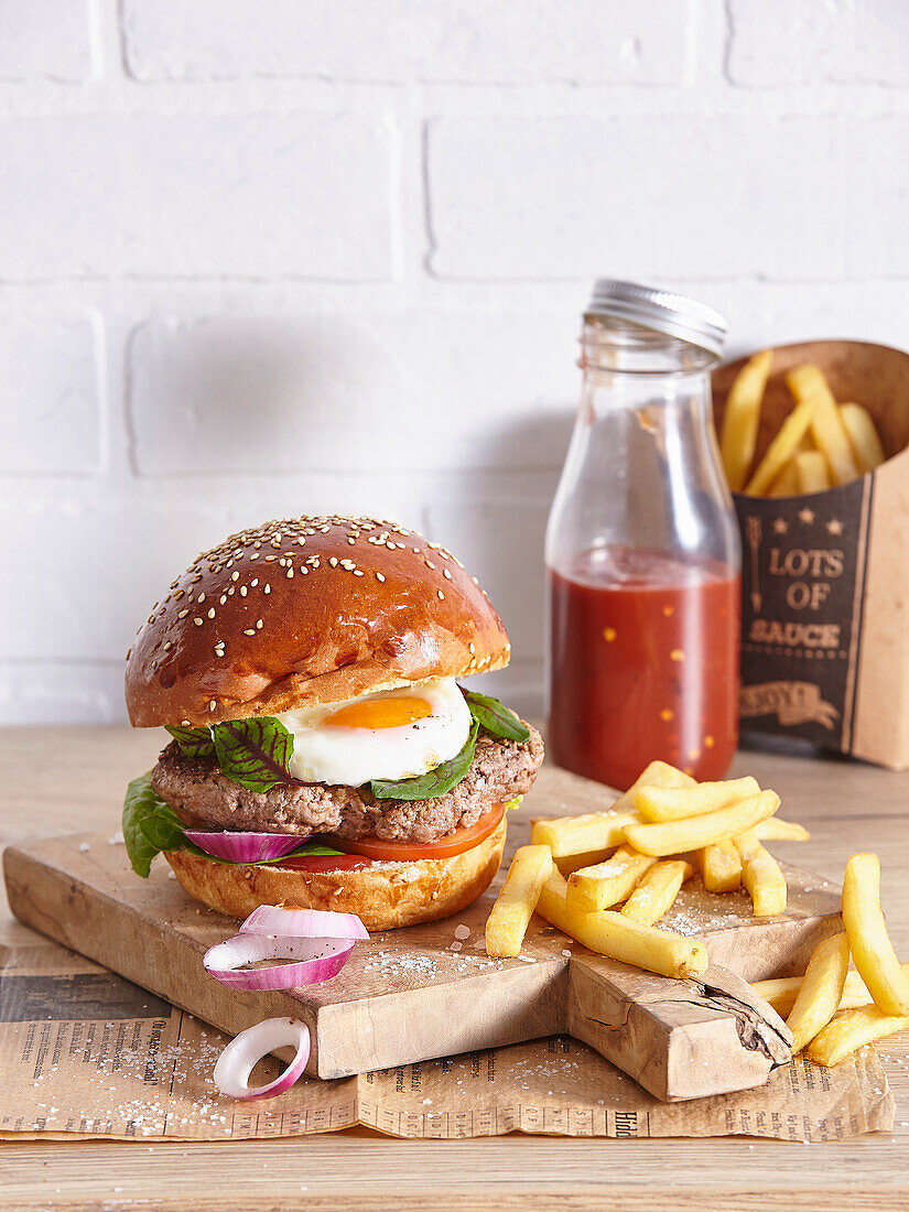 Gegrillter Burger mit Pommes frites