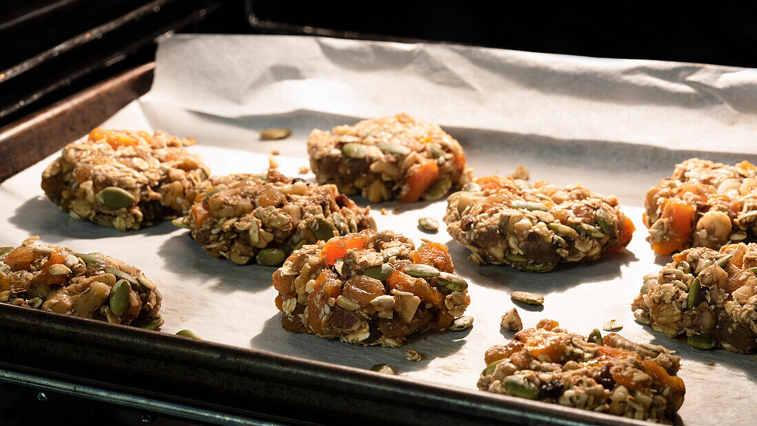 Apricot oatmeal cookies baking in an oven
