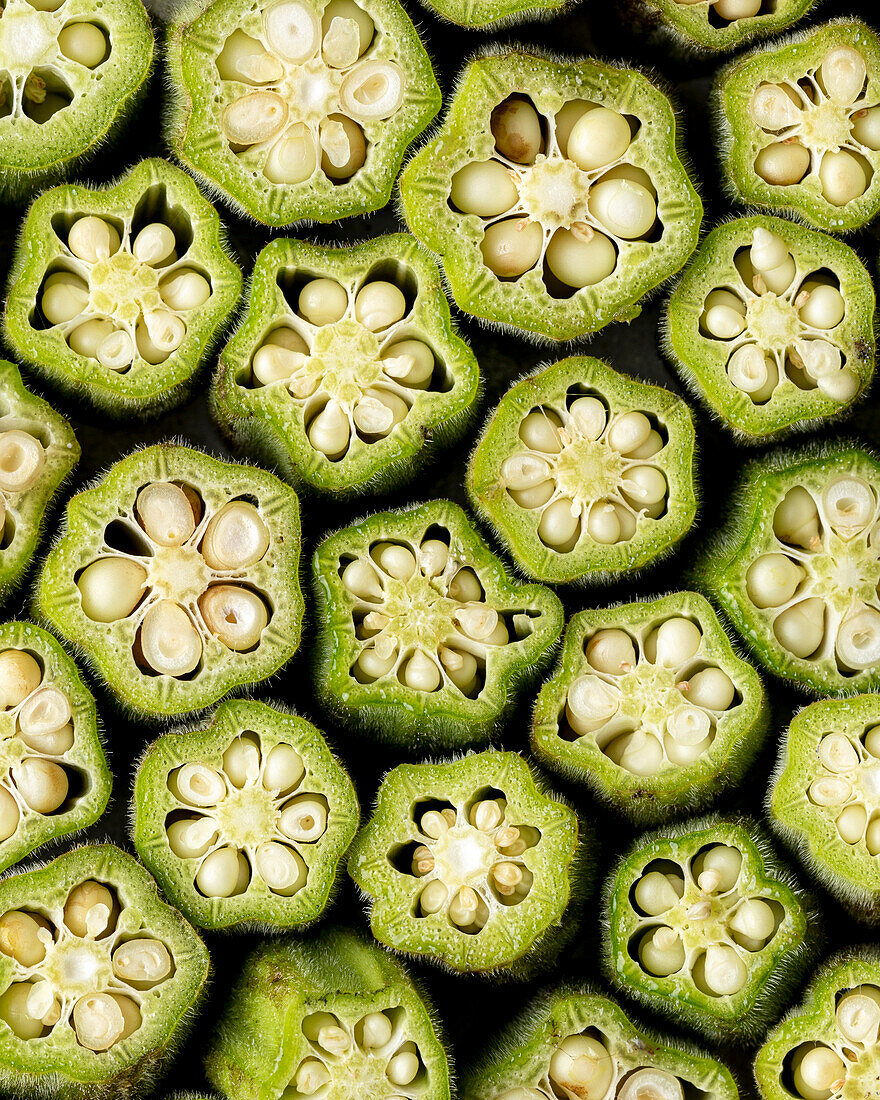 A closeup shot of slices of okra