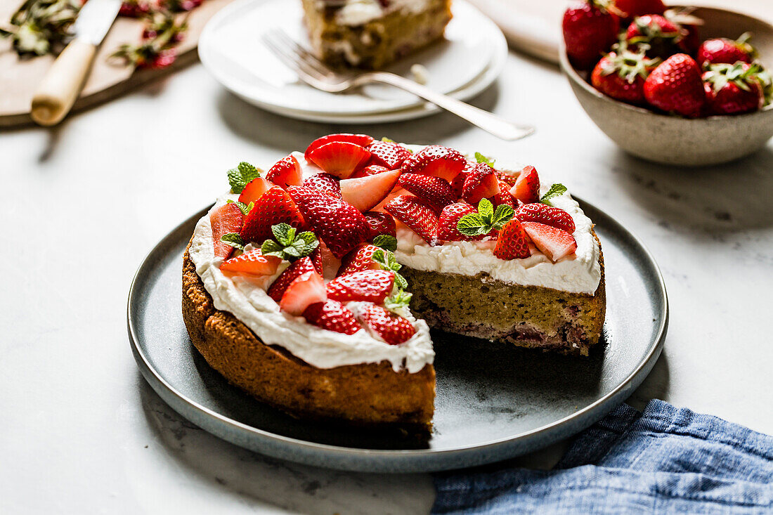 A homemade strawberry cake, made with almond flour