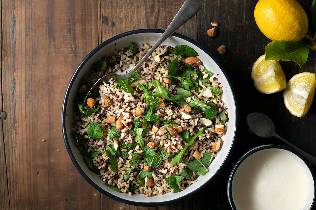 Quinoa and brown rice tabouli with fresh mint and lemon and yogurt dressing