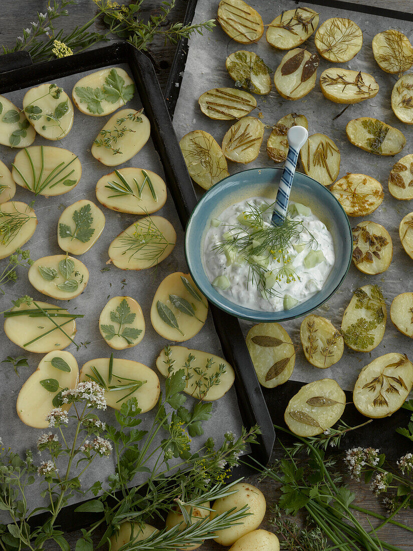 roasted Herb potatoes with an herb curd