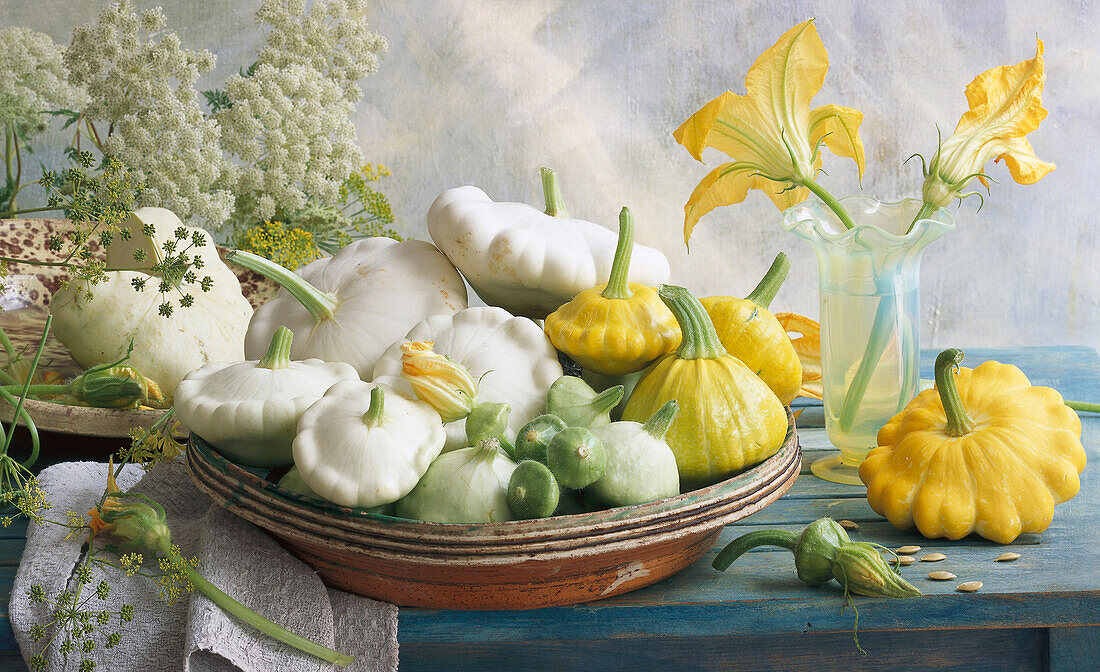 Yellow and white Pattypan squash and flowers