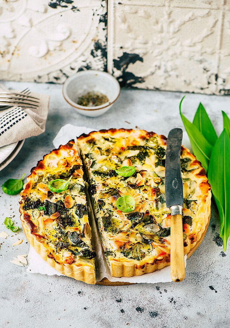 Salmon and wild garlic quiche