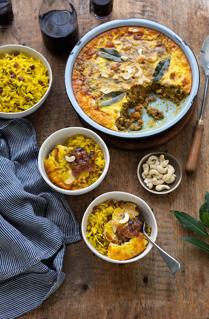 South African Bobotie (spicy minced meat casserole), served in bowls