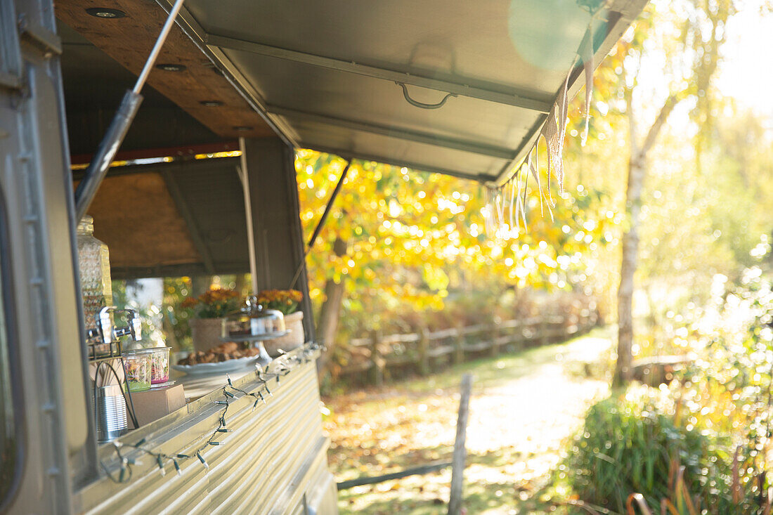 Food cart in sunny idyllic autumn park