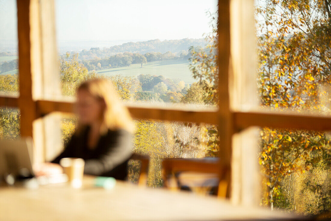 Woman working in cafe with sunny scenic autumn view