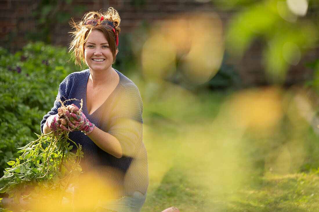 Happy confident woman harvesting fresh potatoes in garden