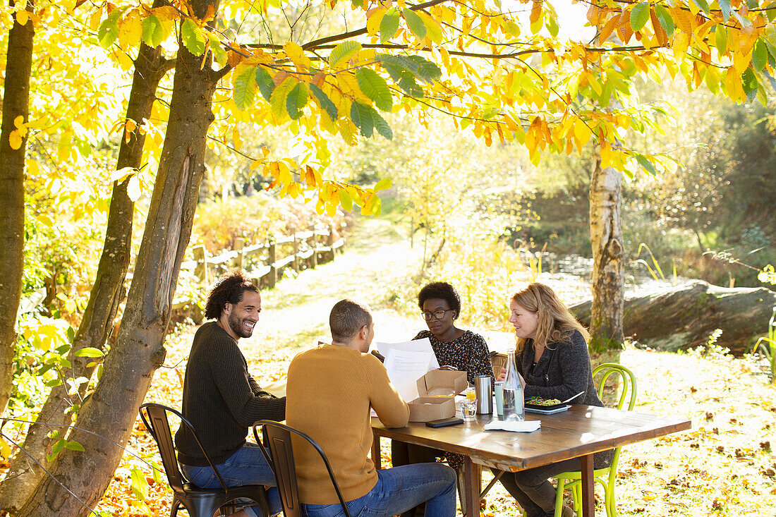 Creative business team meeting at table in sunny autumn park