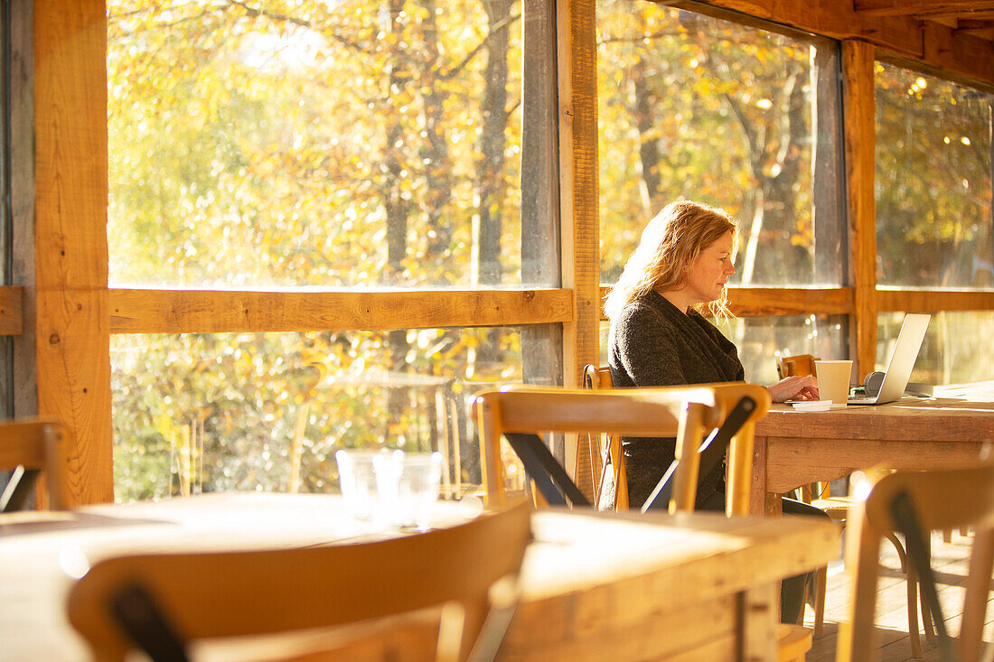 Female business owner working on laptop in sunny autumn cafe