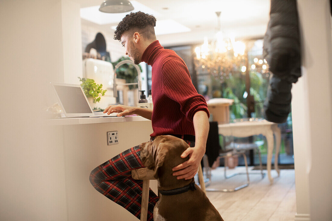 Dog watching young man working from home in kitchen