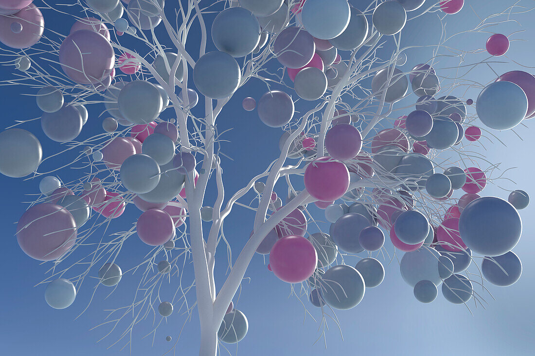 Balls growing on white tree, illustration