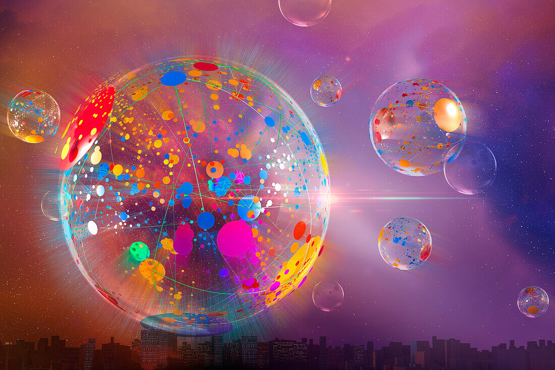 Abstract bubble over cityscape, illustration