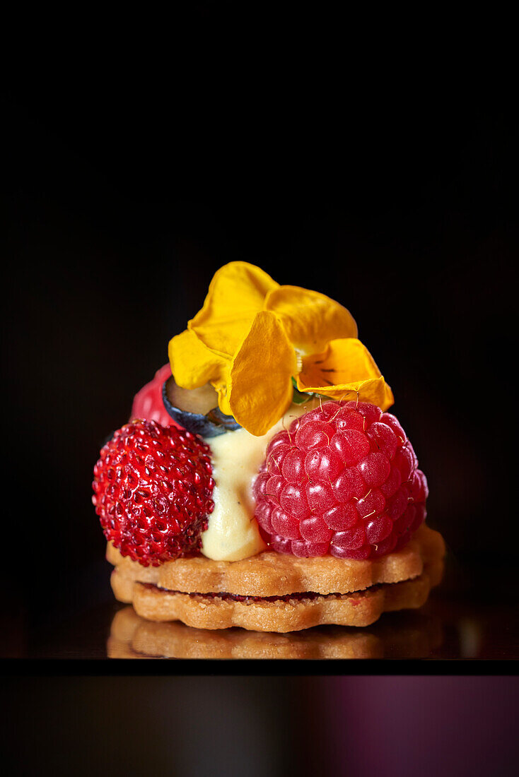 Biskuit-Törtchen mit Beeren, Vanillepudding und Essigblüte