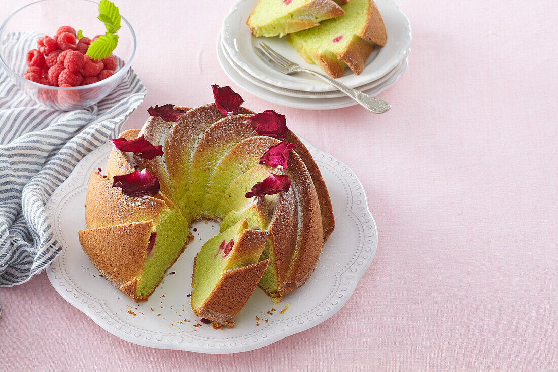 Pistachio bundt cake with raspberries