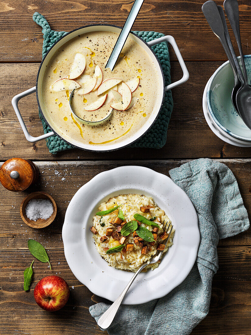 Risotto mit Tofu, Äpfeln und Salbei, Cremesuppe mit Äpfeln