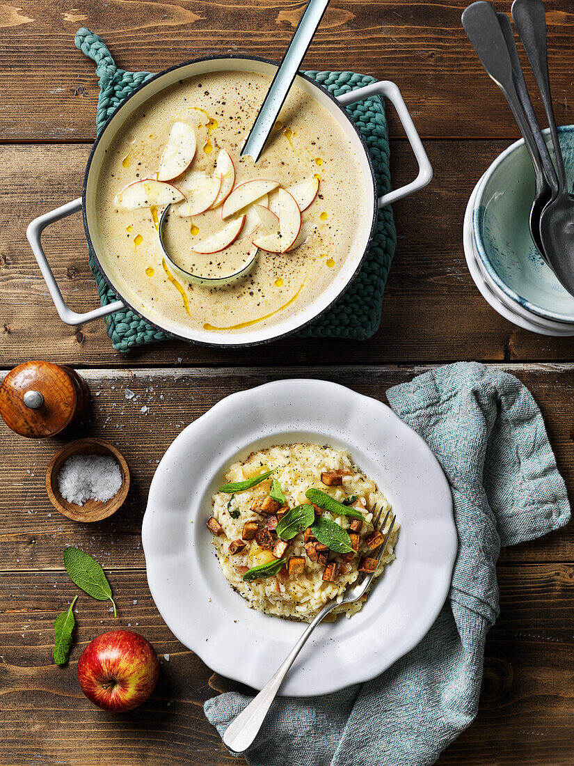 Risotto with tofu, appels and sage, creamy soup with appels