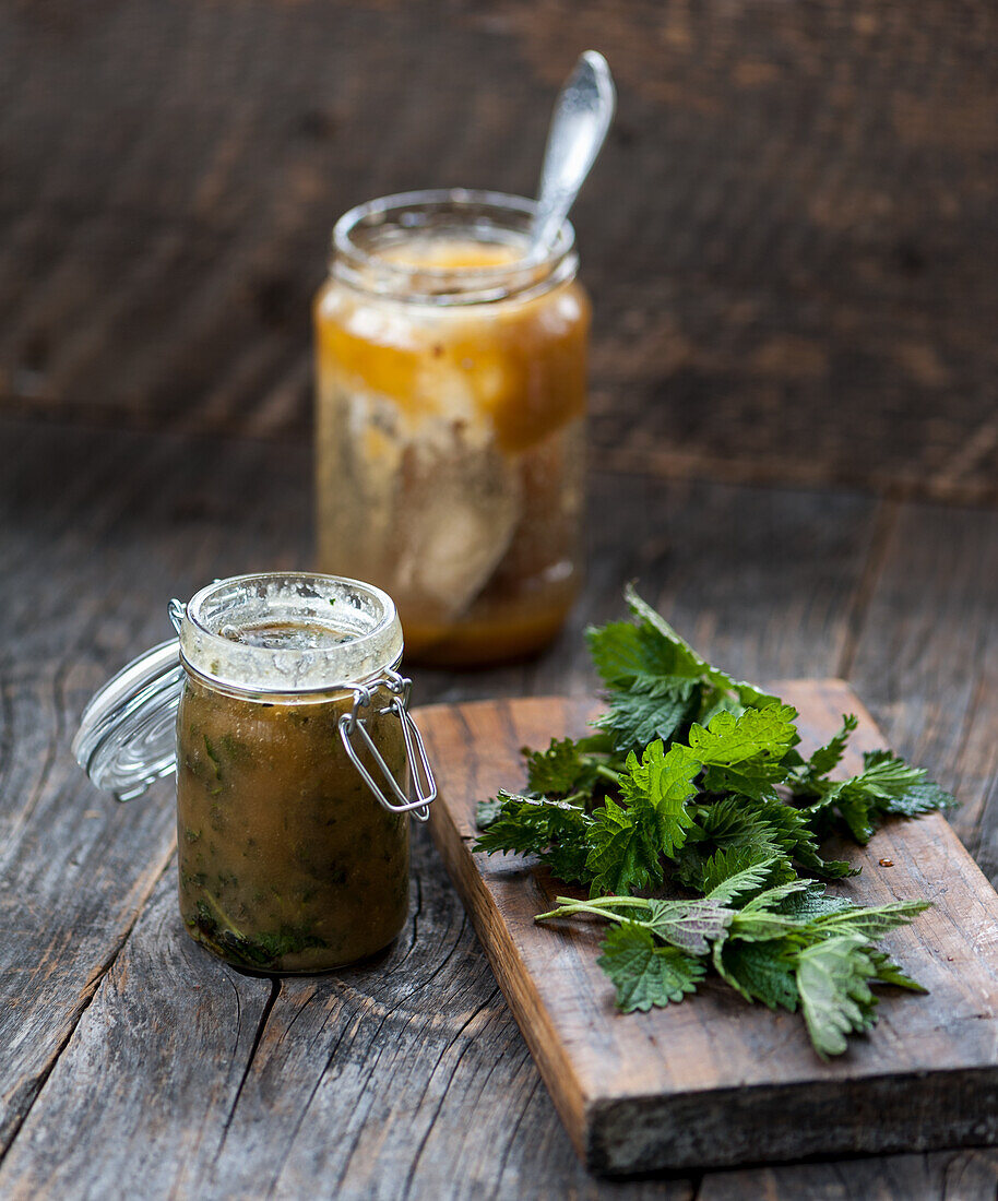 Honey and nettles in a jar