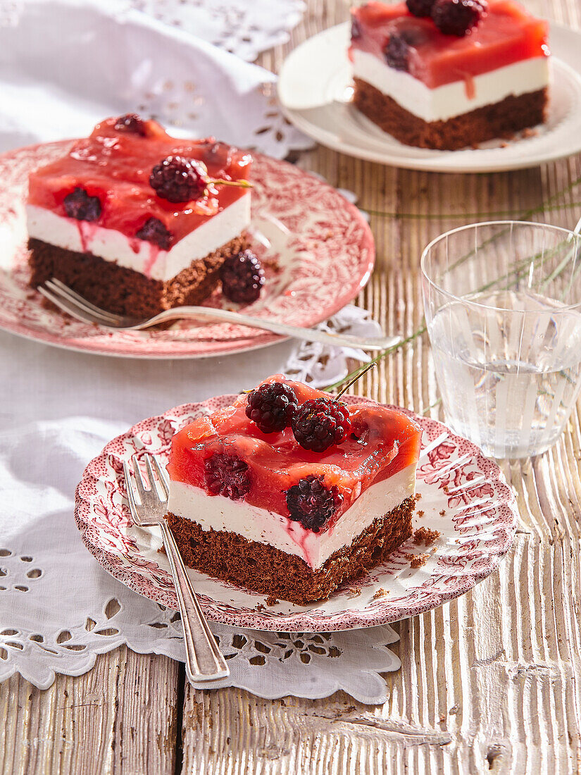 Cocoa cuts with curd and blackberries