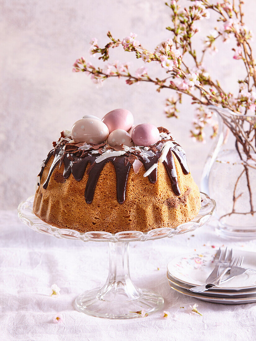 Easter bundt cake with chocolate icing
