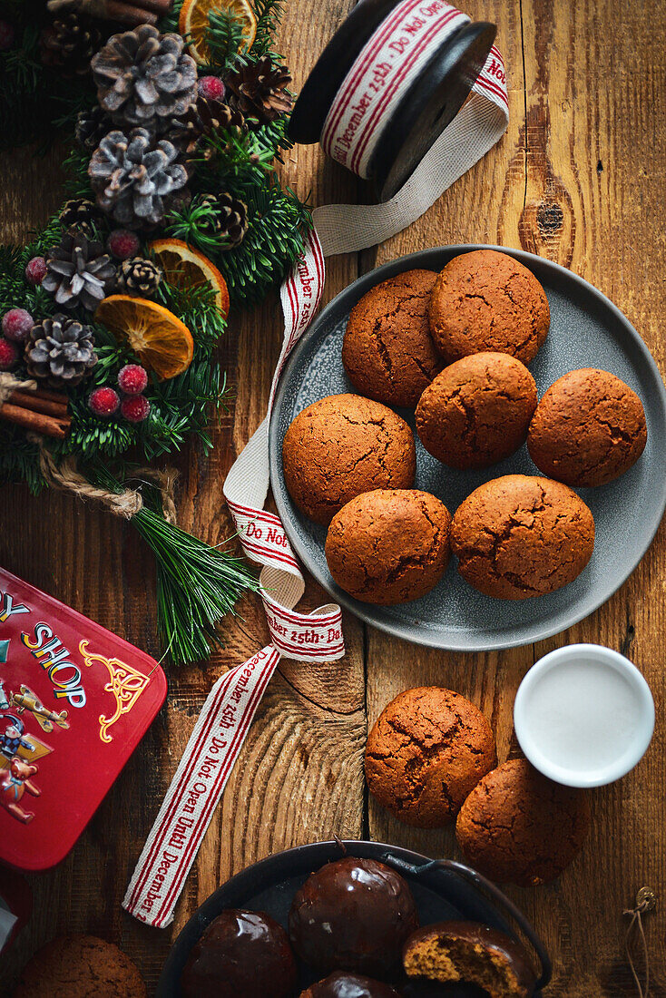 Chocolate covered gingerbread cookies on the old table