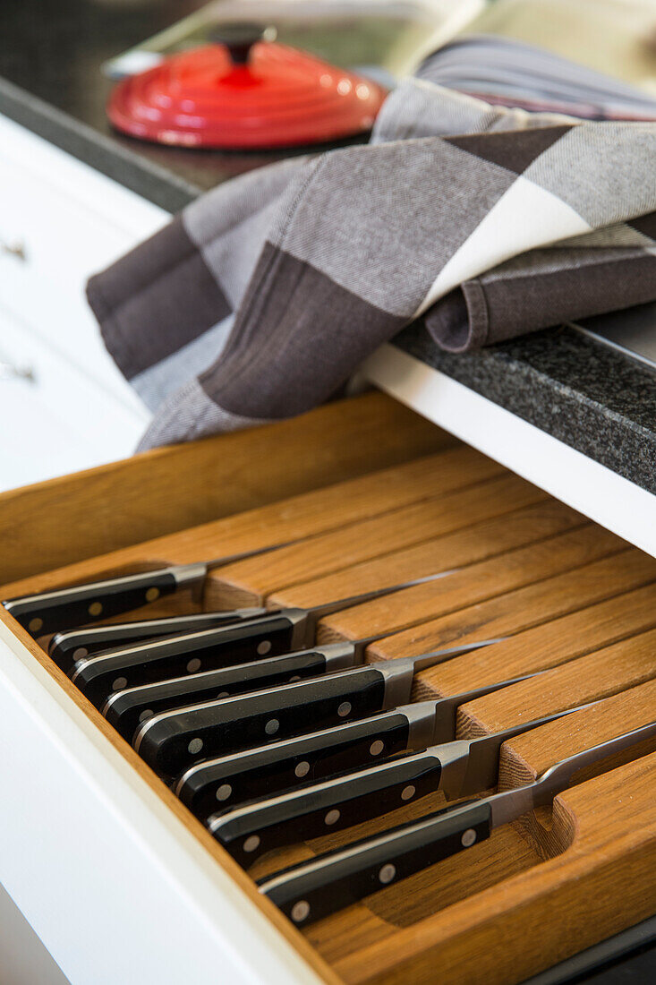 Open drawer with insert for knives in kitchen