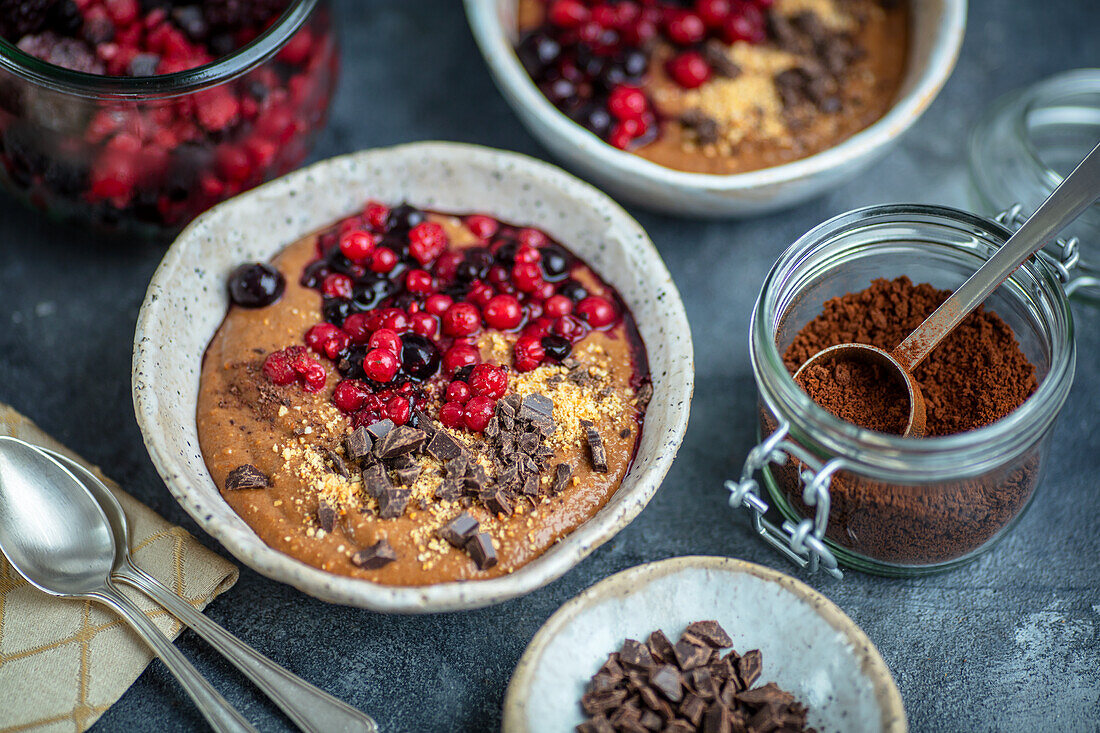 Coffee dessert with berries and grated chocolate