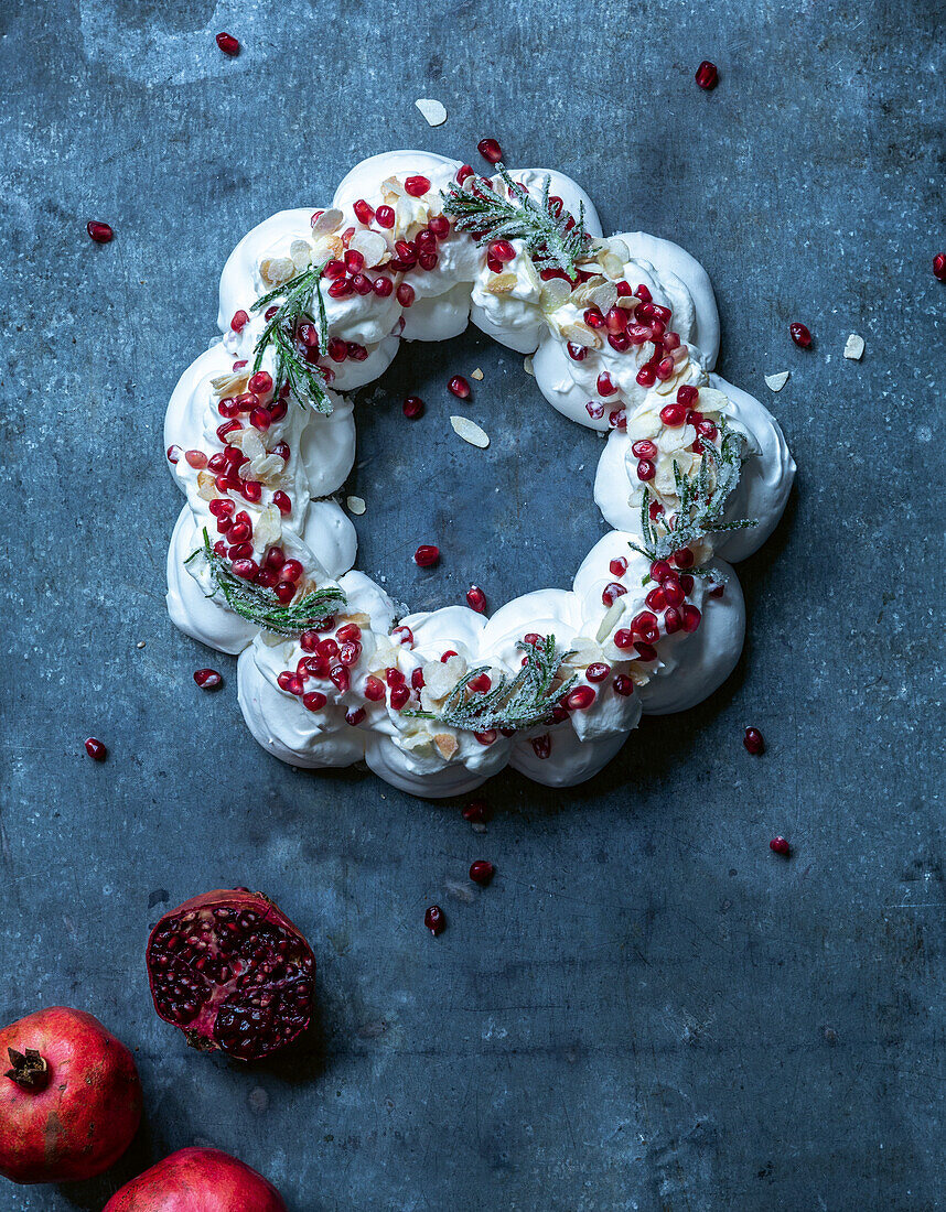 Winter pavlova wreath with pomegranate seeds
