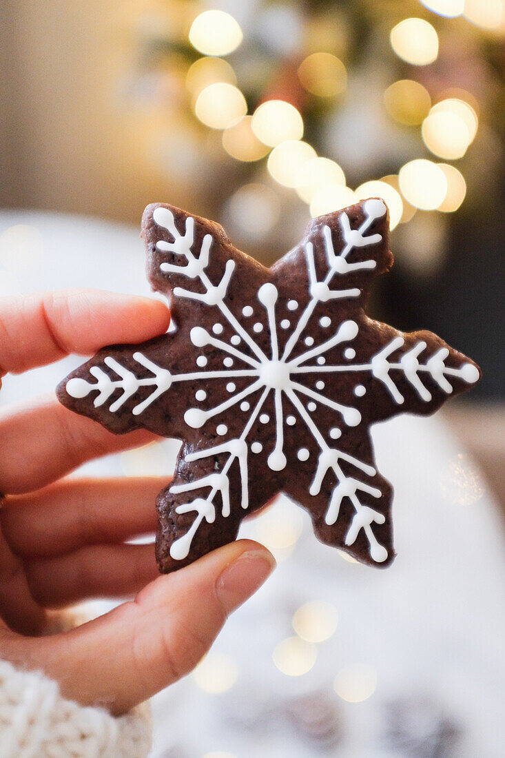 Hand holding a gingerbread snowflake