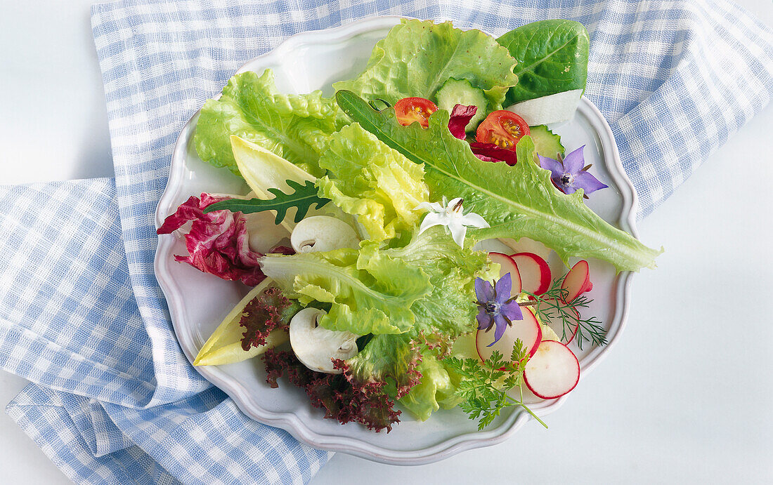 Plate with ingredients for mixed salad