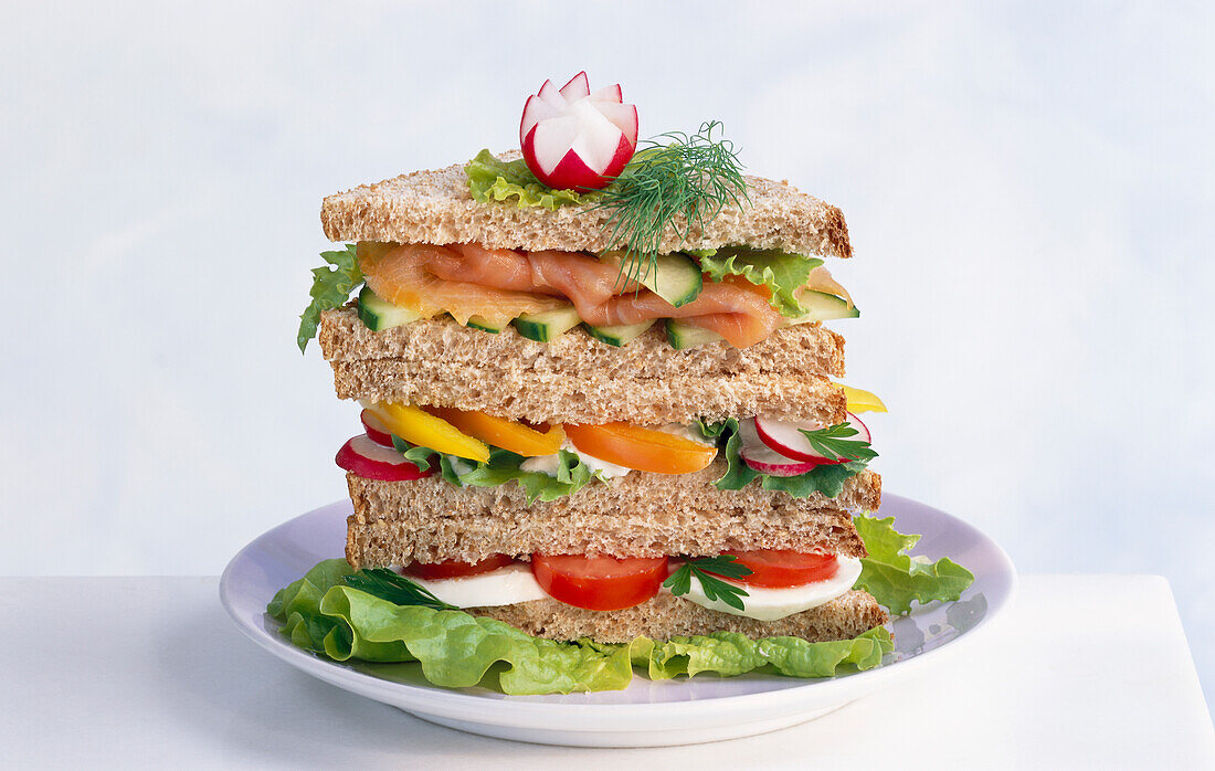 Turm von Sandwiches mit Lachs, Gemüse und Mozzarella
