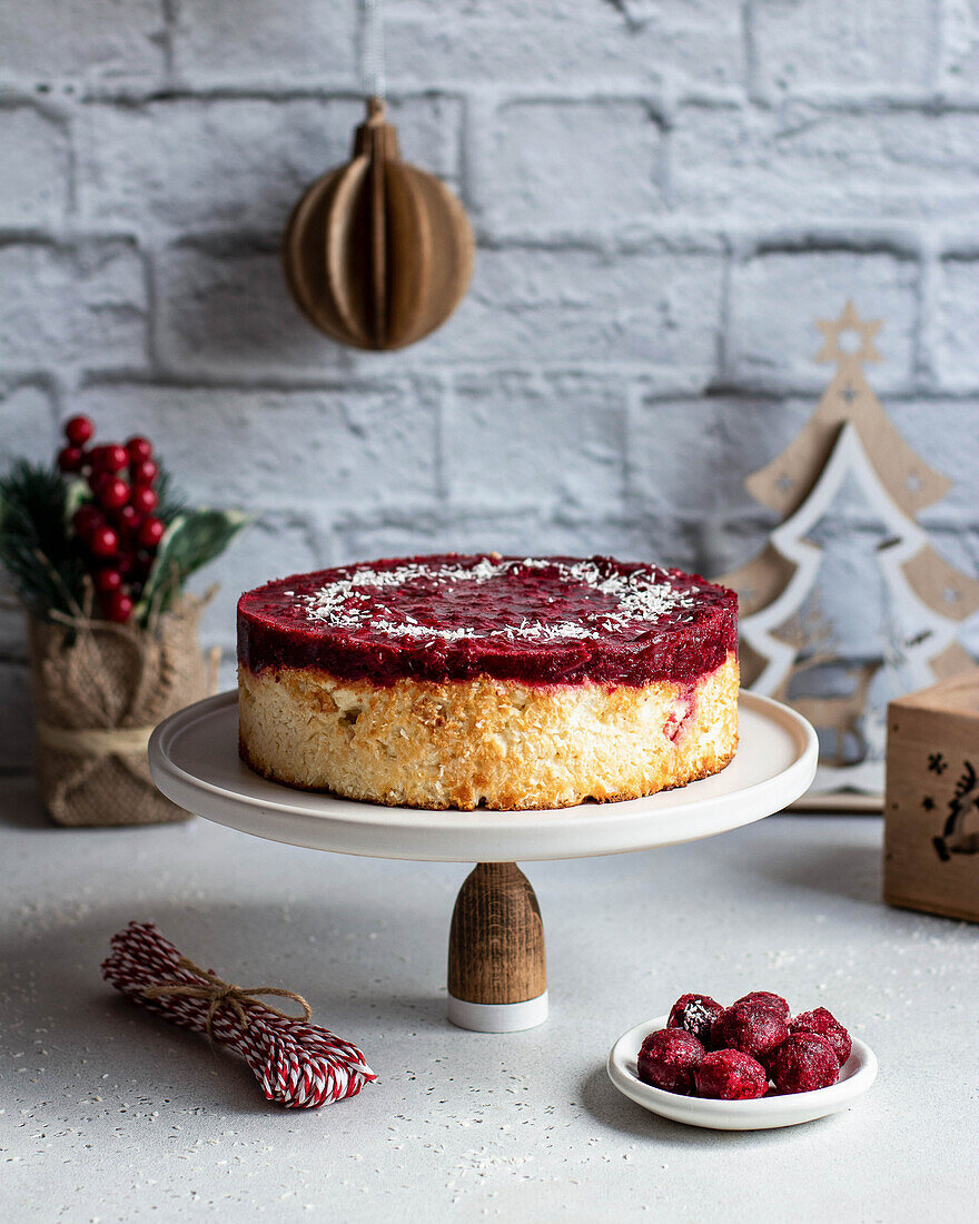 Christmas cherry cheesecake with grated coconut